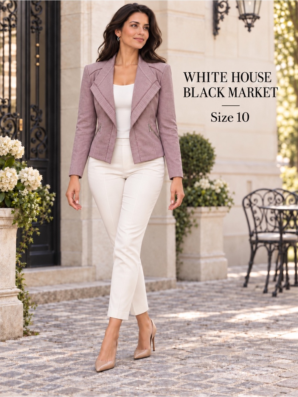 White House Black Market Dusty Mauve Lilac Linen Moto Blazer Size 10